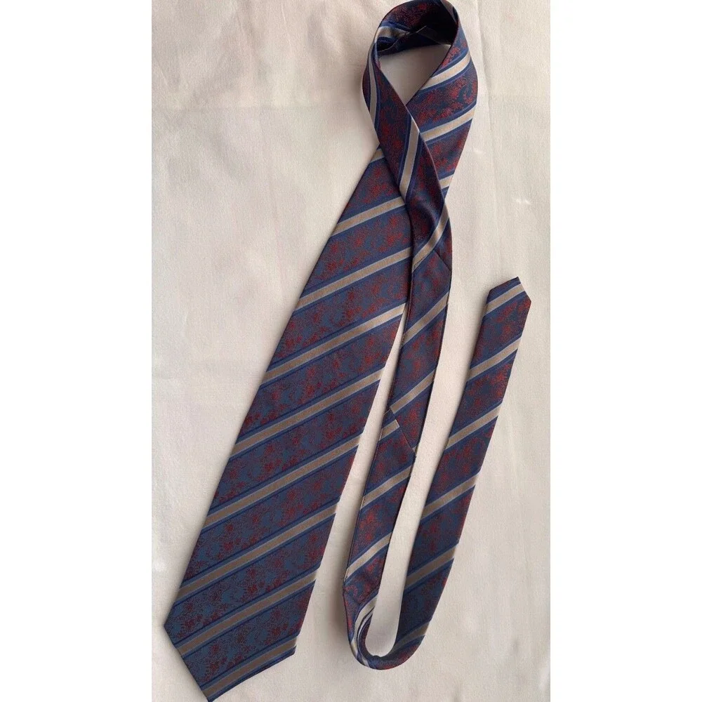 Aleociano 100% Silk Handcrafted Men's Tie Blue Red Gold Stripe Paisley